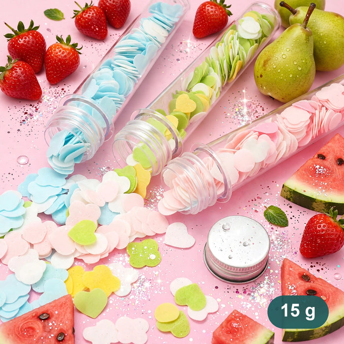 Soap sheet bottles laid out with fresh fruit and scattered soap sheets