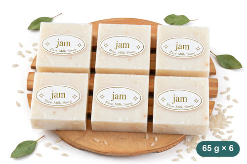 Six bars of Klyvaa Bath rice and collagen soap, 65 g each, on a white background