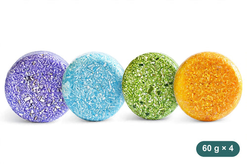 Four Klyvaa Bath shampoo bars in a row, lavender, seaweed, mint and jasmine, 60 g each