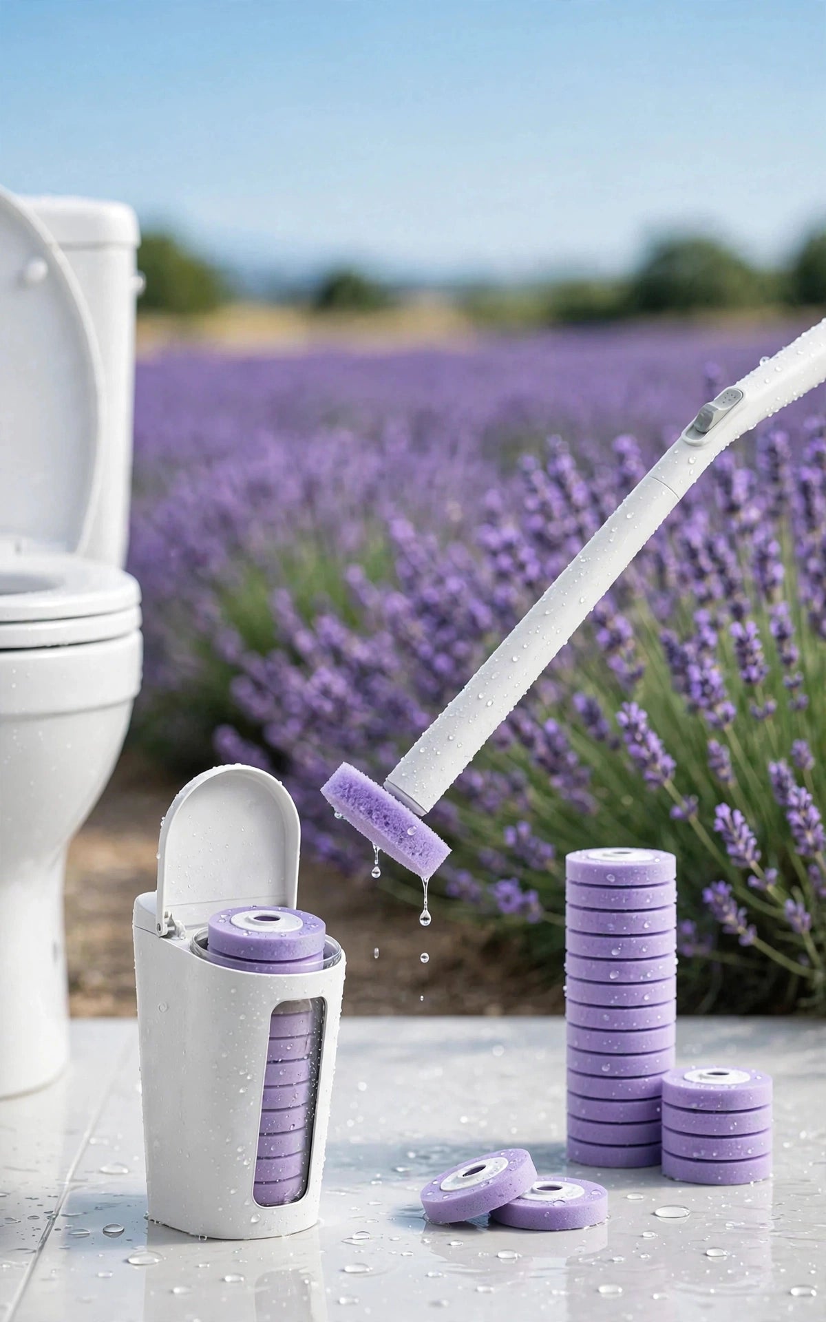 Klyvaa complete kit with purple lavender-scented heads next to a toilet, lavender field in the background